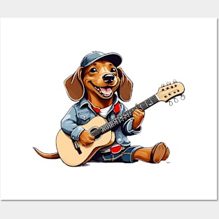 Dachshund Playing Guitar Posters and Art